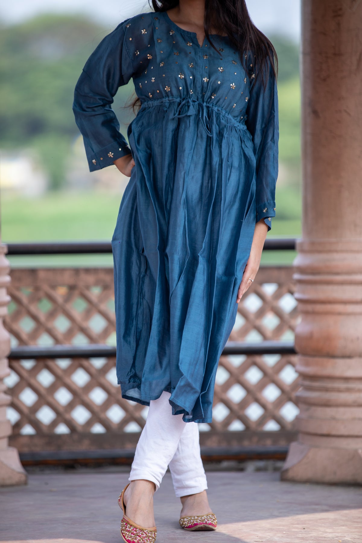 💎 Regal Chanderi Gown – Tradition Woven in Elegance