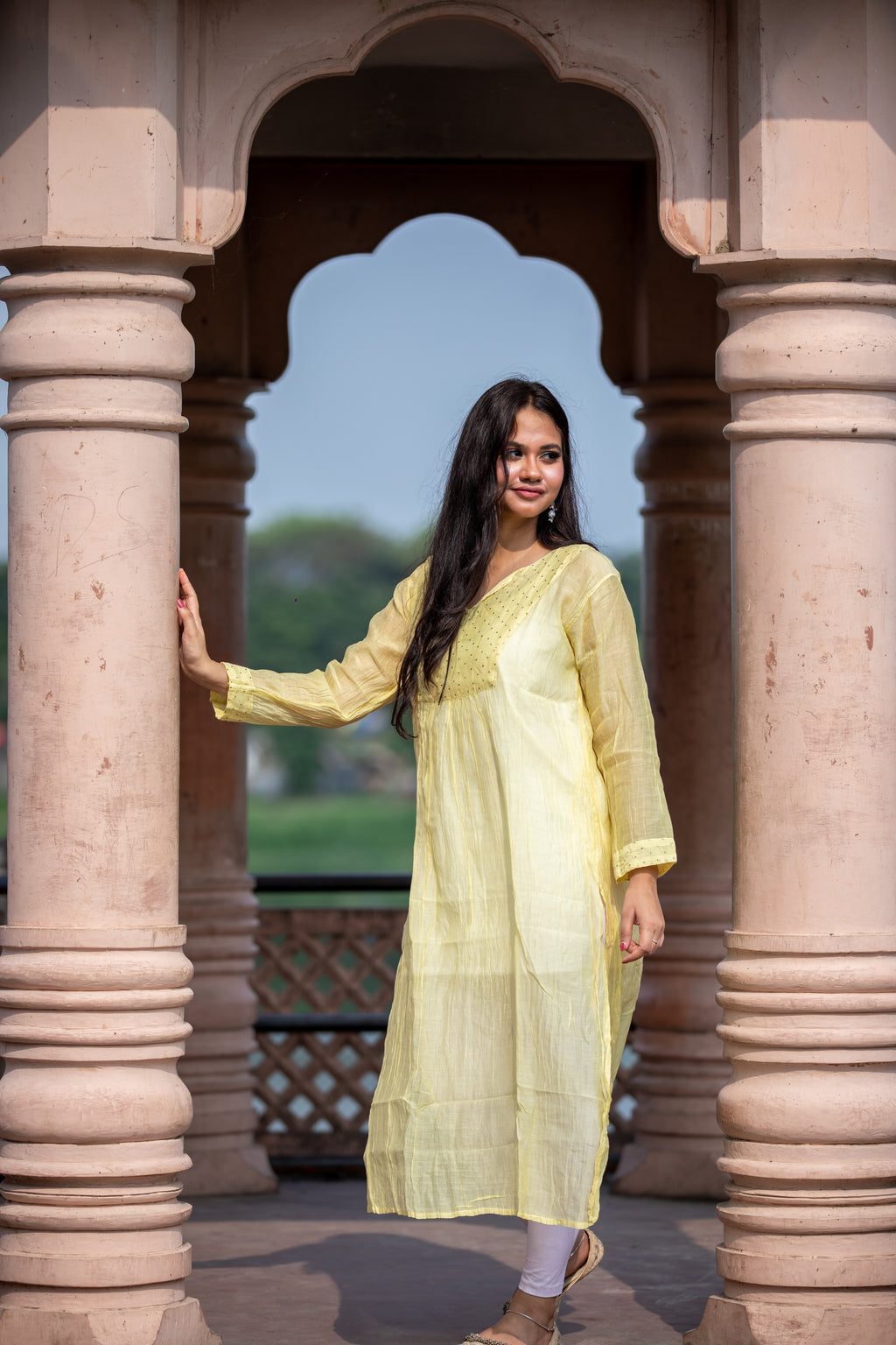 Women's Chanderi Cotton Kurta – With Mukesh Work (Yellow)
