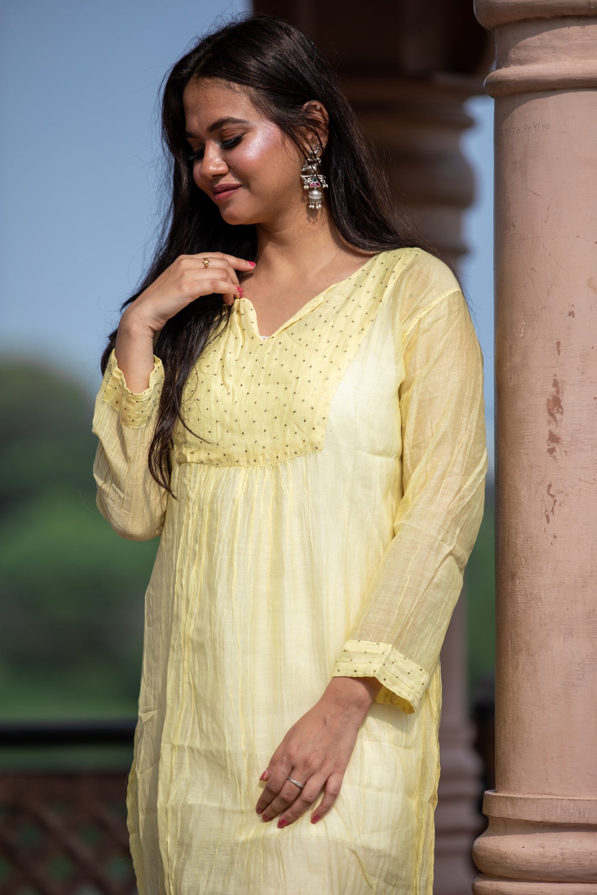 Women's Chanderi Cotton Kurta – With Mukesh Work (Yellow)