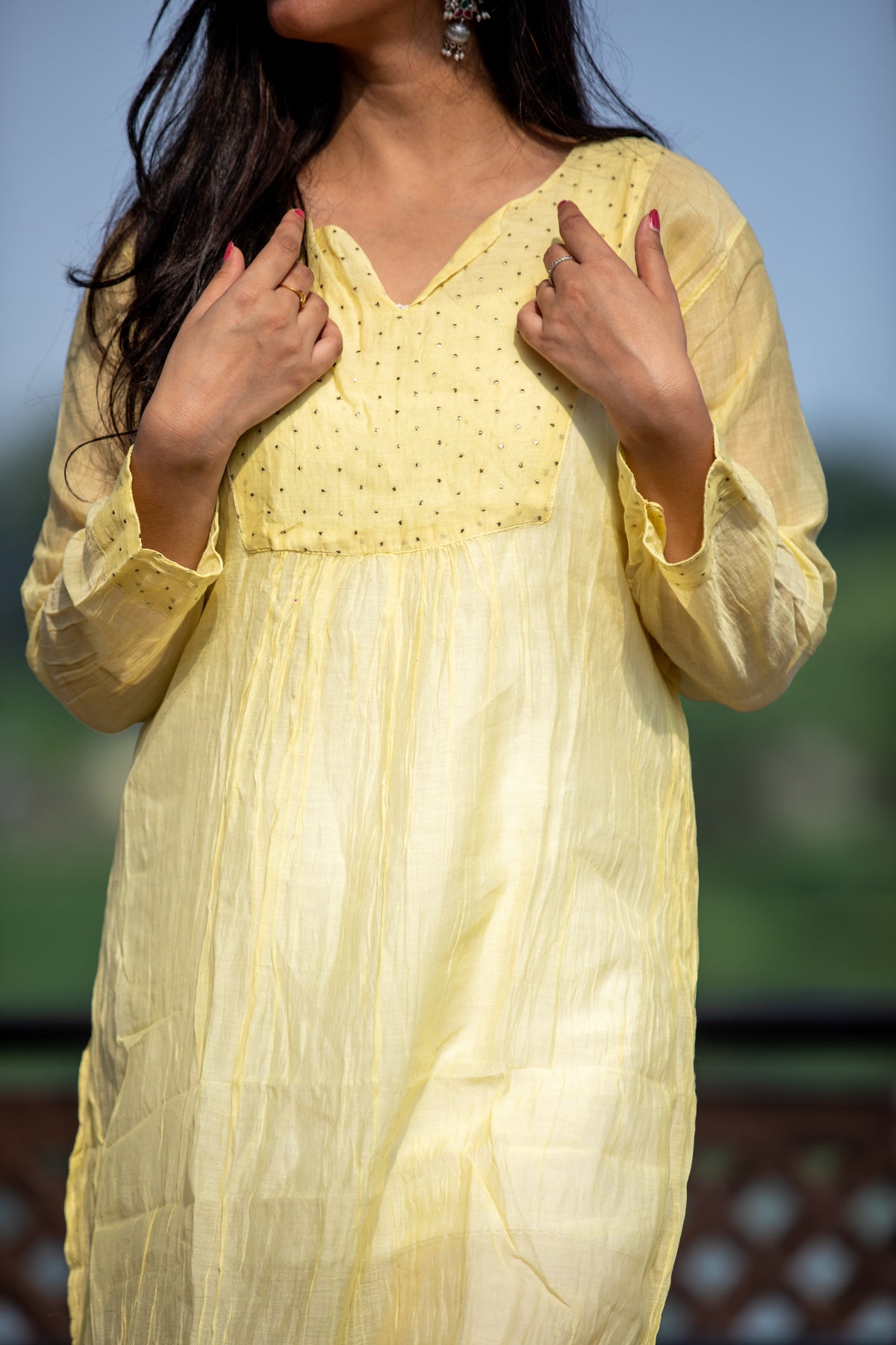 Women's Chanderi Cotton Kurta – With Mukesh Work (Yellow)