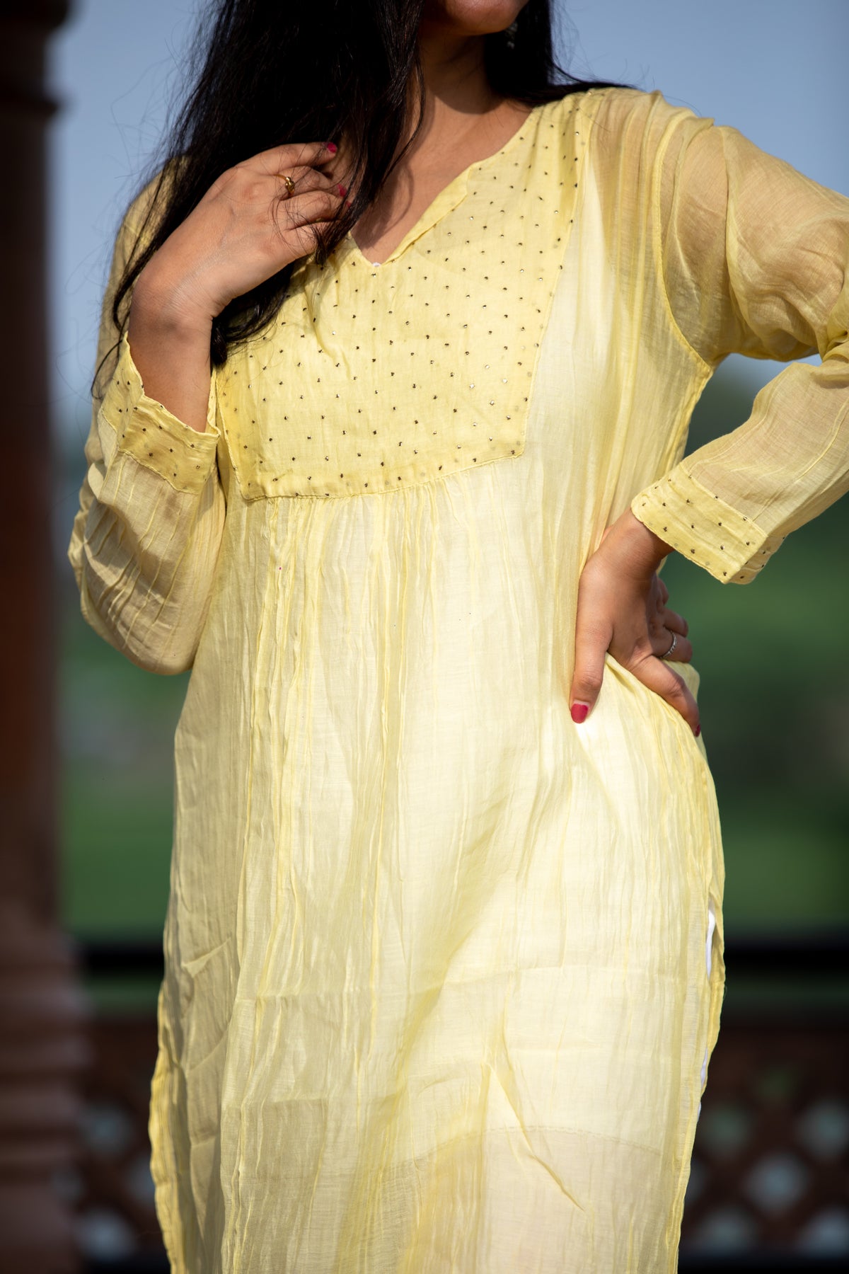 Women's Chanderi Cotton Kurta – With Mukesh Work (Yellow)