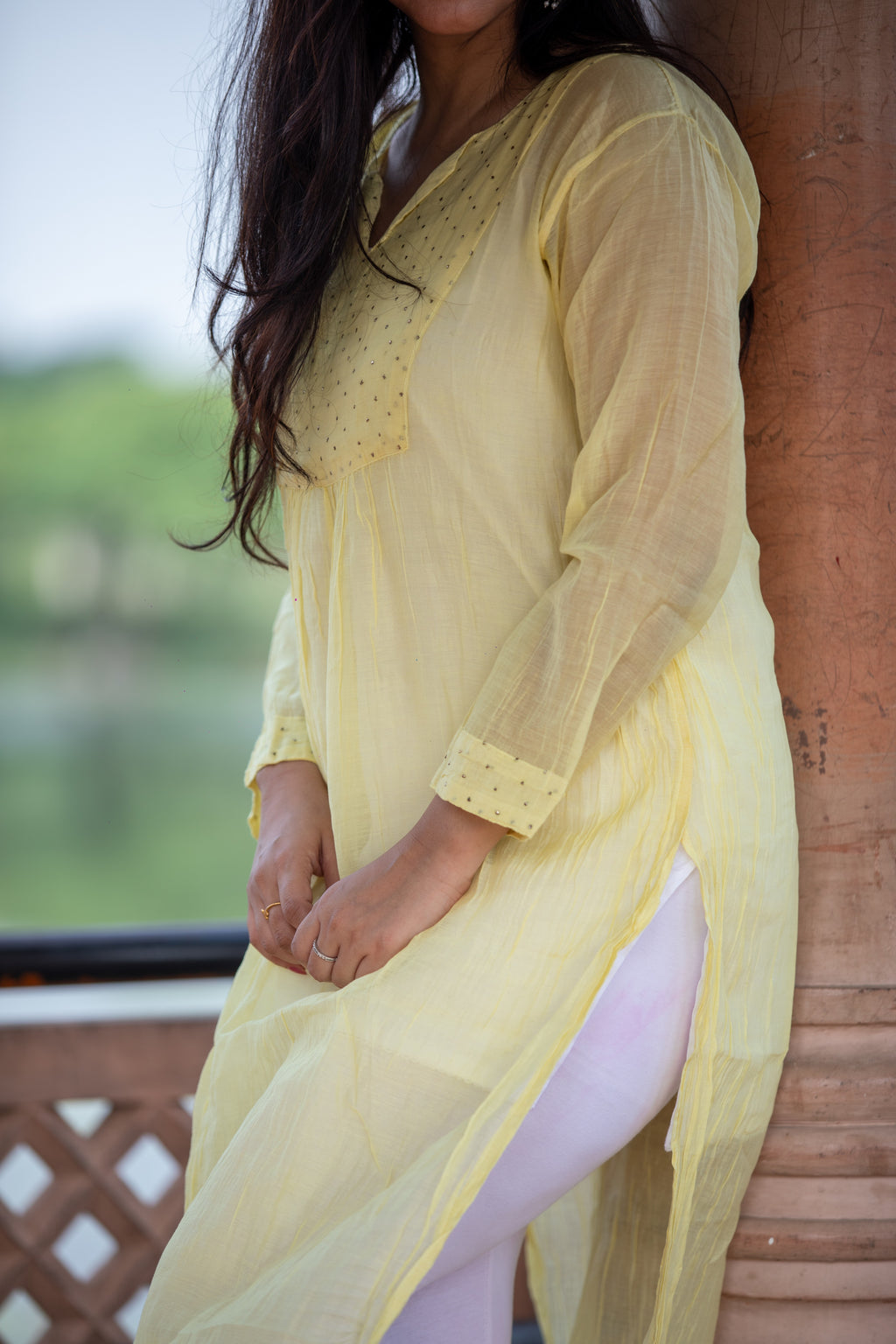 Women's Chanderi Cotton Kurta – With Mukesh Work (Yellow)